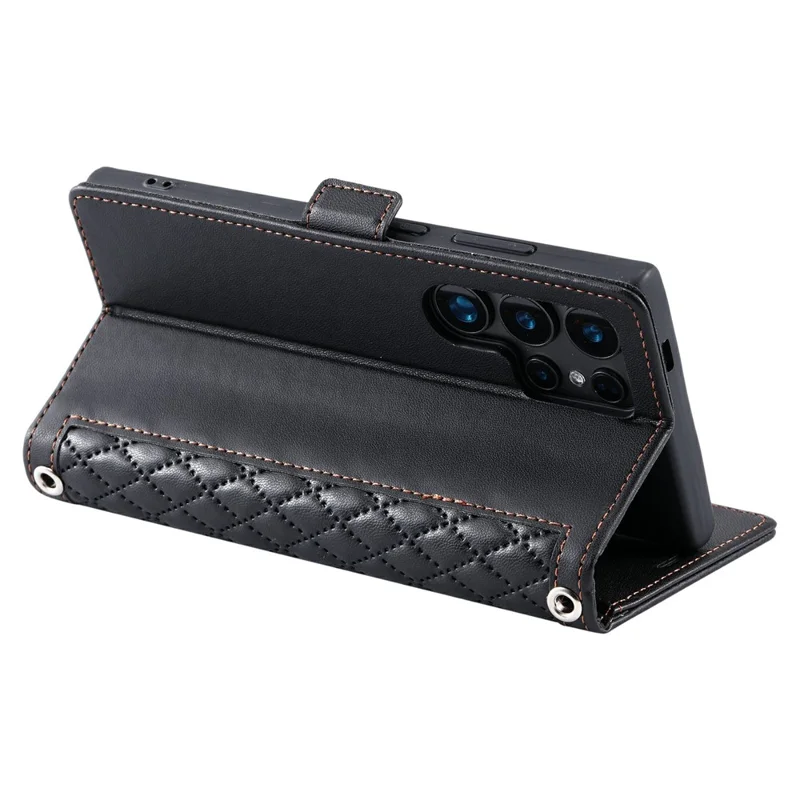Funda de Cuero para Samsung Galaxy S23 Ultra con Textura de Rombos, Soporte de Cartera y Correa de Muñeca - Negro