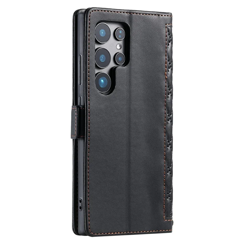 Funda de Cuero para Samsung Galaxy S23 Ultra con Textura de Rombos, Soporte de Cartera y Correa de Muñeca - Negro
