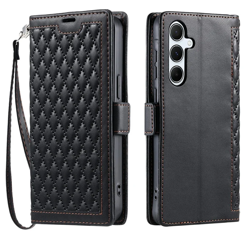 Voor Samsung Galaxy S25 Leren Hoesje Ruitvormig Structuur Portemonnee Stand Hoes met Polsbandje - Zwart