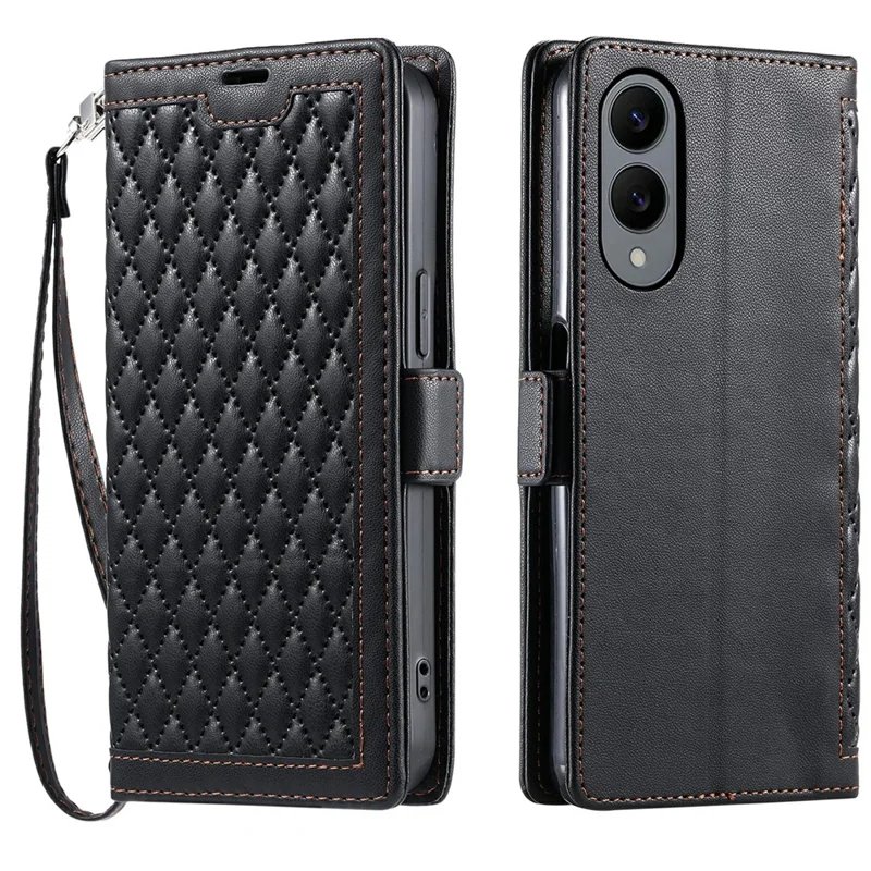 For Samsung Galaxy S25 Edge Leather Case Rhombus Texture Wallet Stand Phone Cover with Wrist Strap - Black