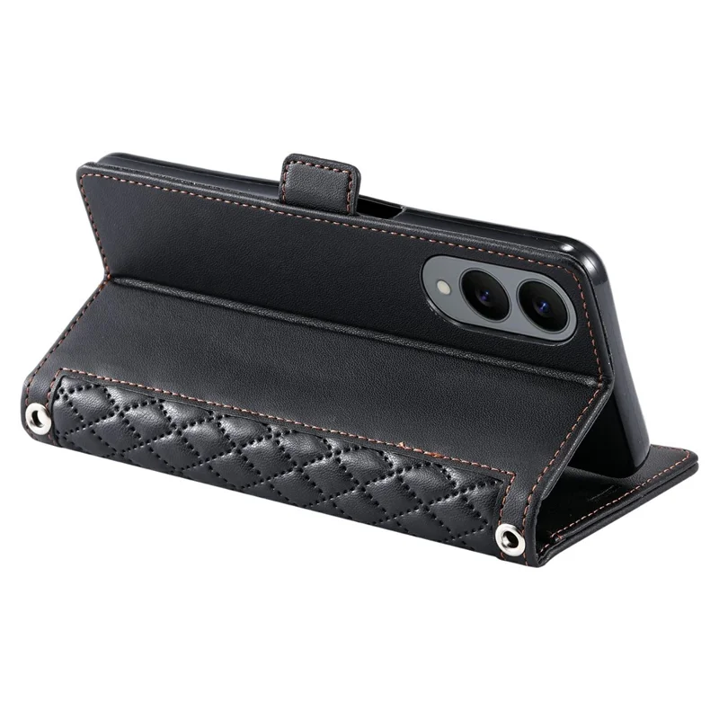 For Samsung Galaxy S25 Edge Leather Case Rhombus Texture Wallet Stand Phone Cover with Wrist Strap - Black