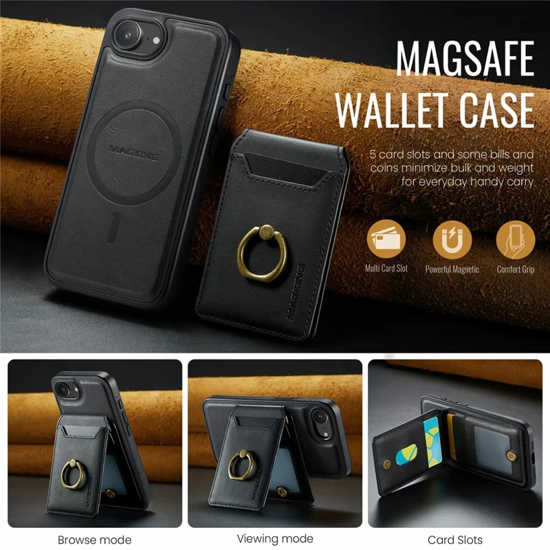 MAGKING K1 Series For iPhone 17e / 16e Magnetic Case PC + TPU + PU Phone Cover with Card Holder - Black