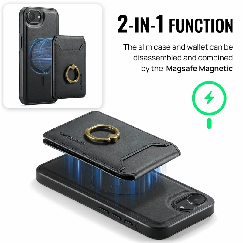 MAGKING K1 Series For iPhone 17e / 16e Magnetic Case PC + TPU + PU Phone Cover with Card Holder - Black