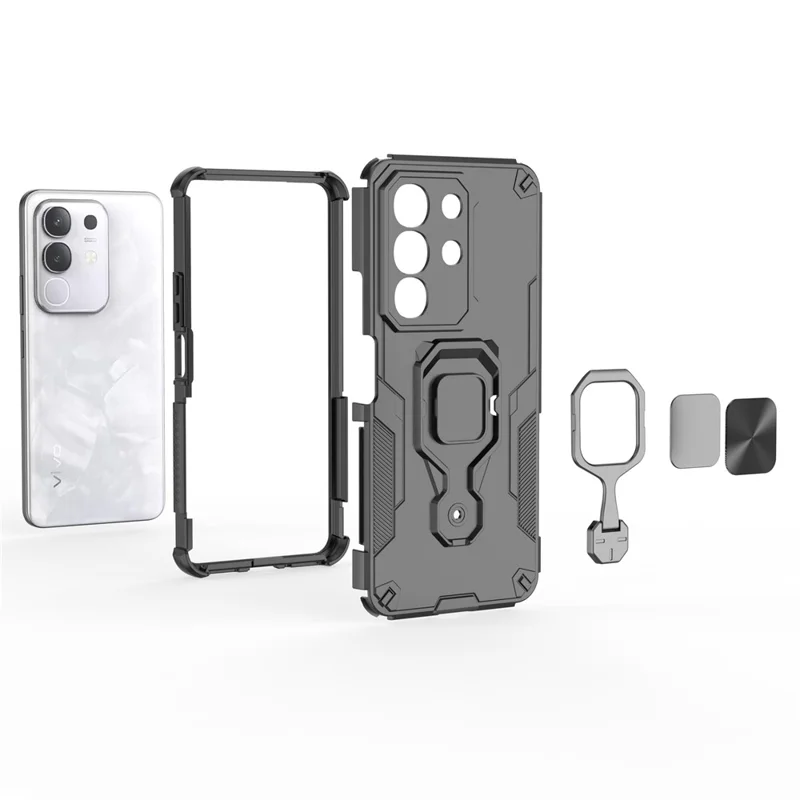 For vivo Y29 4G  /  T4x 5G Case Rotatable Ring Kickstand PC + TPU Shockproof Phone Cover - Black