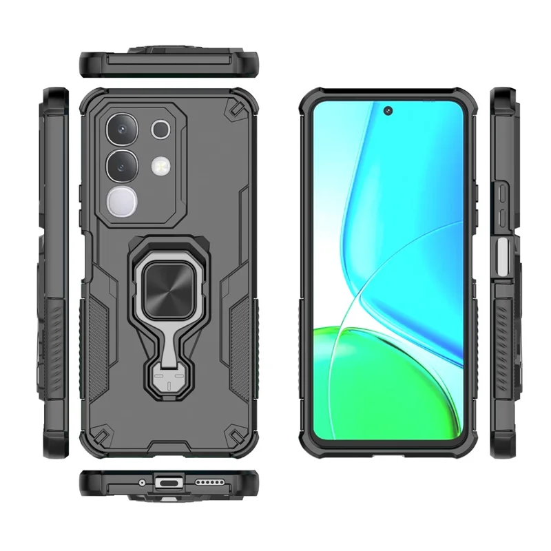 For vivo Y29 4G  /  T4x 5G Case Rotatable Ring Kickstand PC + TPU Shockproof Phone Cover - Black