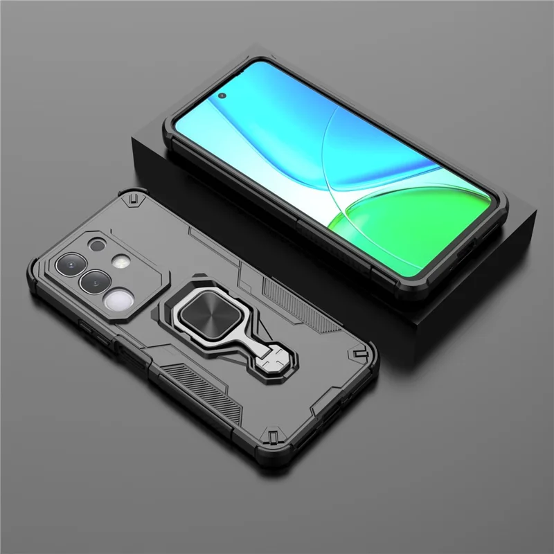 For vivo Y29 4G  /  T4x 5G Case Rotatable Ring Kickstand PC + TPU Shockproof Phone Cover - Black