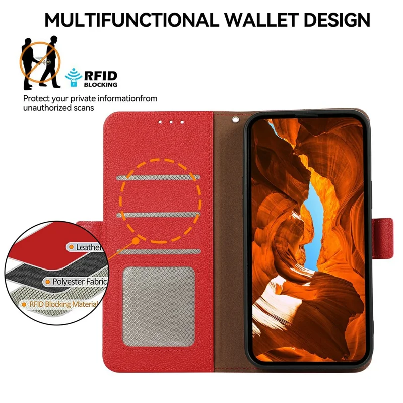 ABEEL For Xiaomi Redmi Turbo 4 Pro 5G  /  Poco F7 5G Case Litchi Texture Leather RFID Blocking Phone Cover - Red