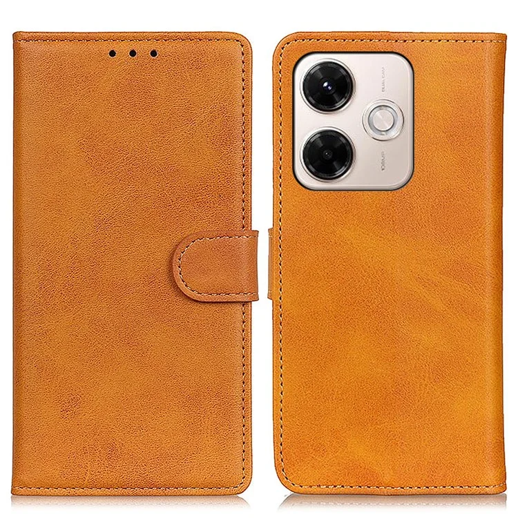 Capa de Couro Legítimo para Xiaomi Redmi 13x 4G - Carteira com Textura de Couro de Vaca, Suporte para Celular - Marrom