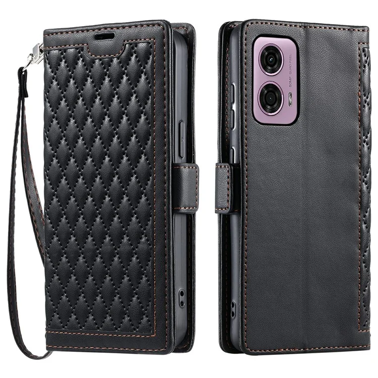 Per Motorola Moto G24 4G / G04 4G Cover in Pelle con Texture a Rombi Portafoglio con Supporto e Cinturino da Polso - Nero