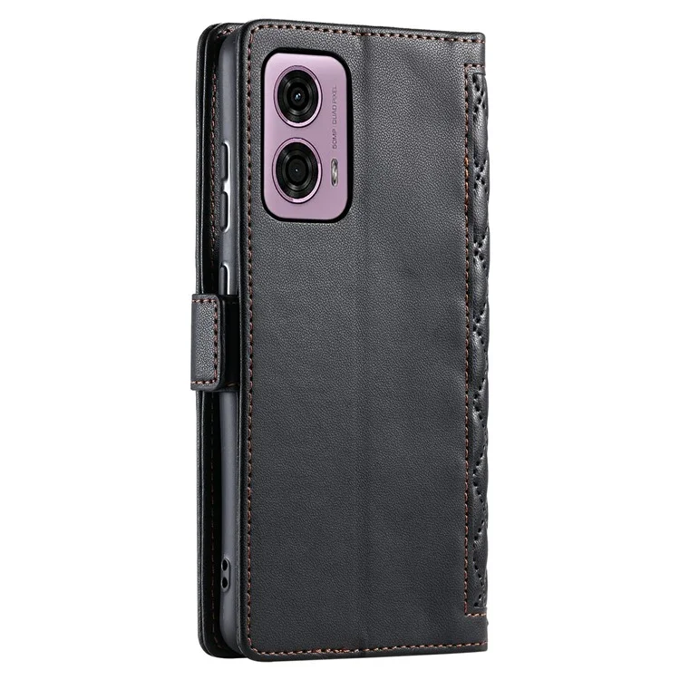 Per Motorola Moto G24 4G / G04 4G Cover in Pelle con Texture a Rombi Portafoglio con Supporto e Cinturino da Polso - Nero