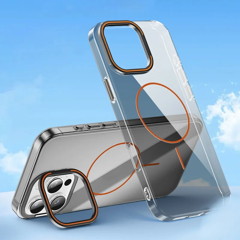 For iPhone 16 Pro Max Case Compatible with MagSafe Lens Frame Kickstand Clear PC Phone Cover - Transparent Black