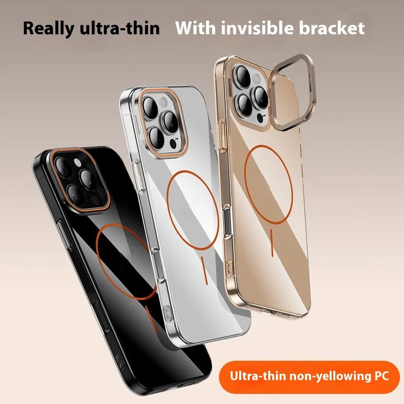 For iPhone 16 Pro Max Case Compatible with MagSafe Lens Frame Kickstand Clear PC Phone Cover - Transparent Black