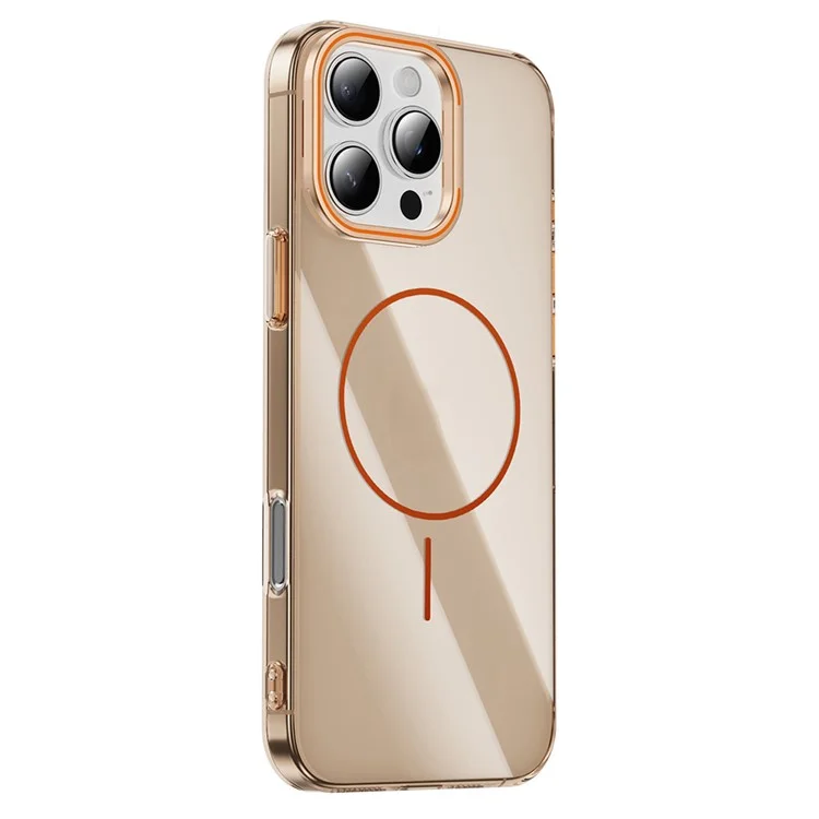 Funda para iPhone 16 Pro Compatible con MagSafe con Marco de Lente y Soporte Plegable - Transparente Dorado