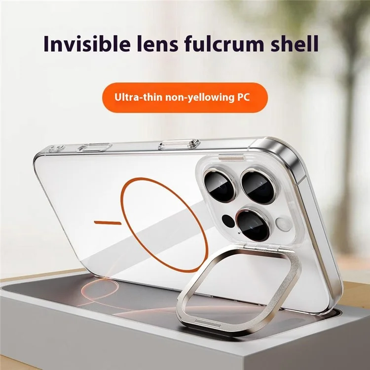 Funda para iPhone 16 Pro Compatible con MagSafe con Marco de Lente y Soporte Plegable - Transparente Dorado