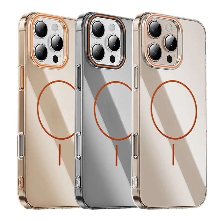 Funda para iPhone 16 Pro Compatible con MagSafe con Marco de Lente y Soporte Plegable - Transparente Dorado