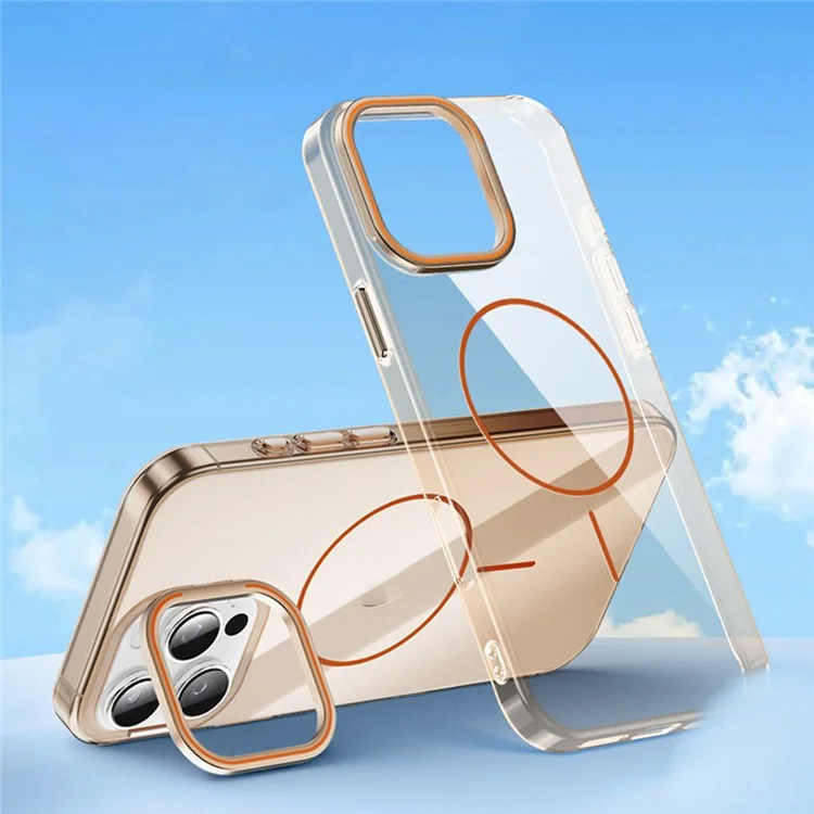 Funda para iPhone 16 Pro Compatible con MagSafe con Marco de Lente y Soporte Plegable - Transparente Dorado