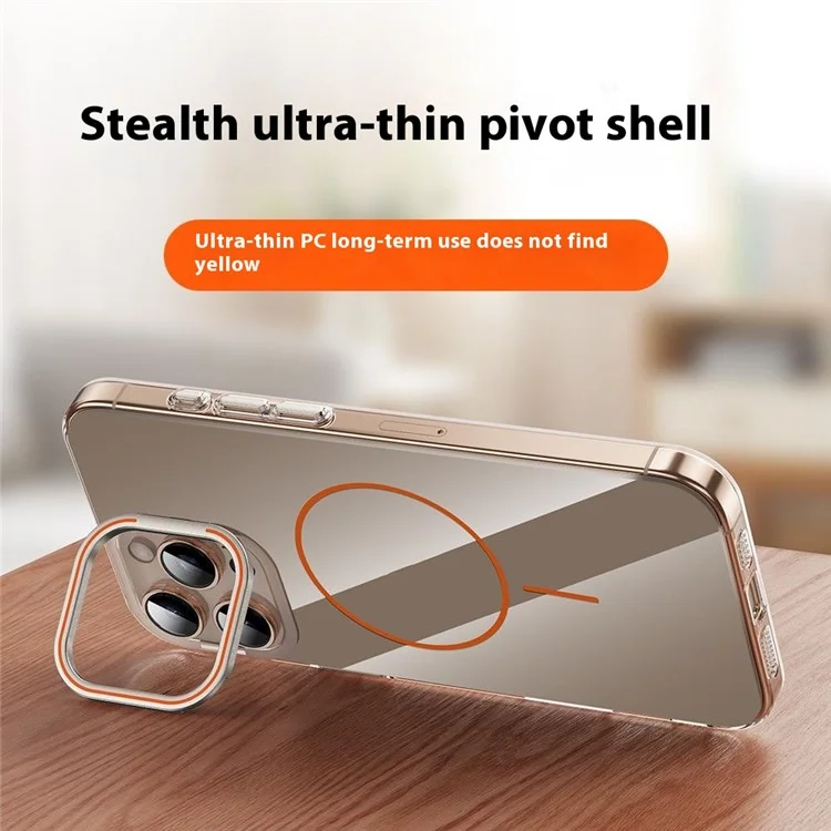 Funda para iPhone 16 Pro Compatible con MagSafe con Marco de Lente y Soporte Plegable - Transparente Dorado