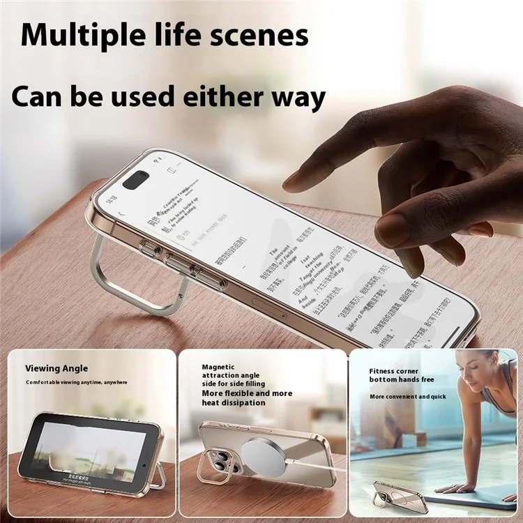 Funda para iPhone 16 Pro Compatible con MagSafe con Marco de Lente y Soporte Plegable - Transparente Dorado