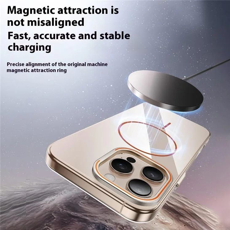 Funda para iPhone 16 Pro Compatible con MagSafe con Marco de Lente y Soporte Plegable - Transparente Dorado