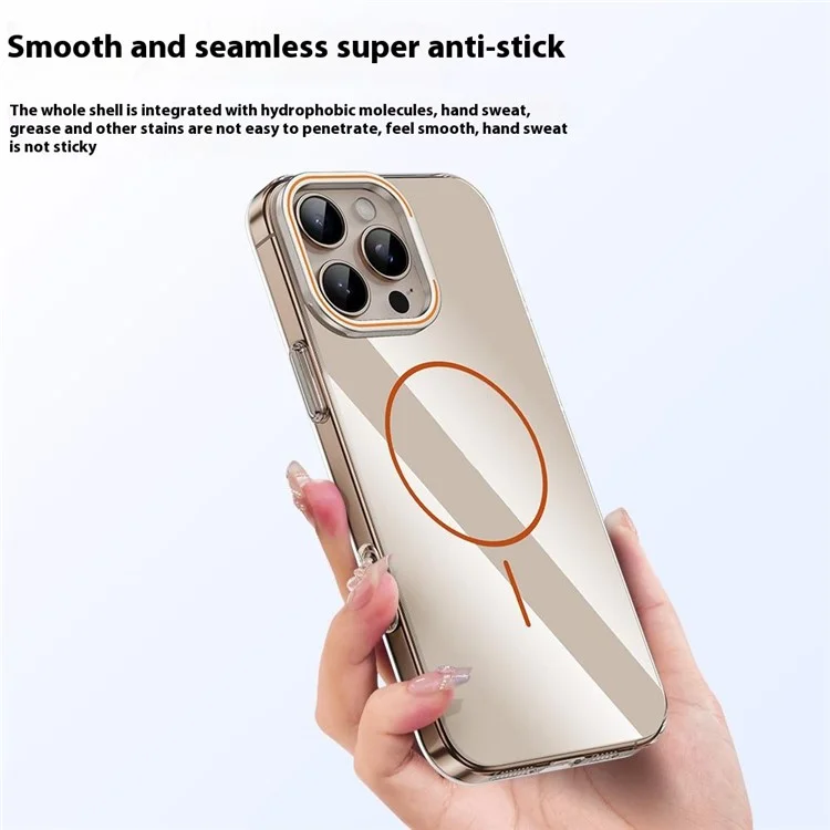 Funda para iPhone 16 Pro Compatible con MagSafe con Marco de Lente y Soporte Plegable - Transparente Dorado