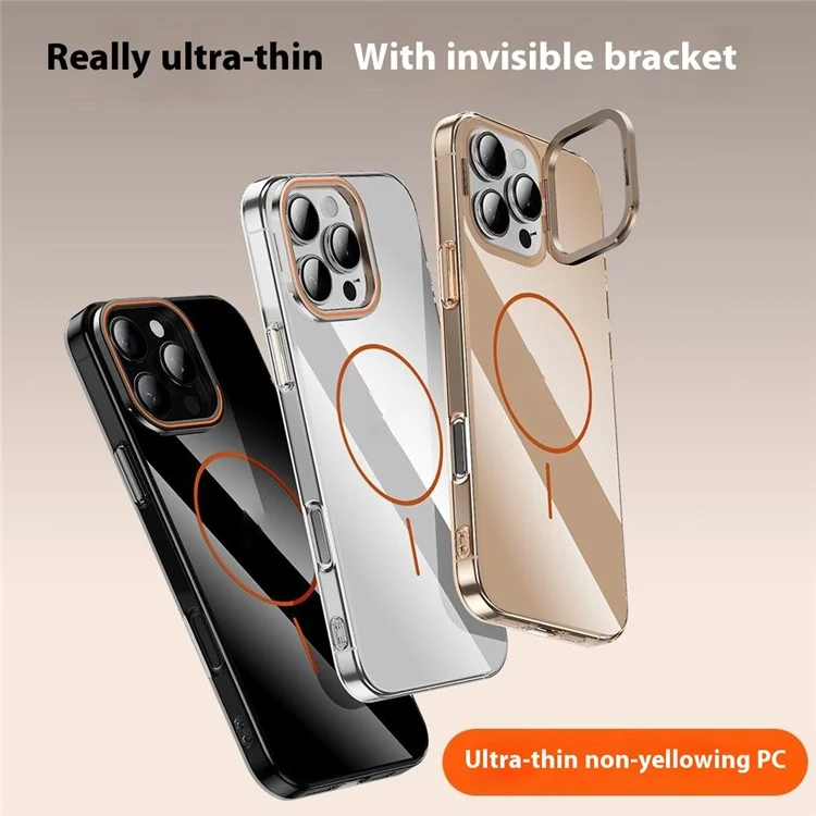 Funda para iPhone 16 Pro Compatible con MagSafe con Marco de Lente y Soporte Plegable - Transparente Dorado