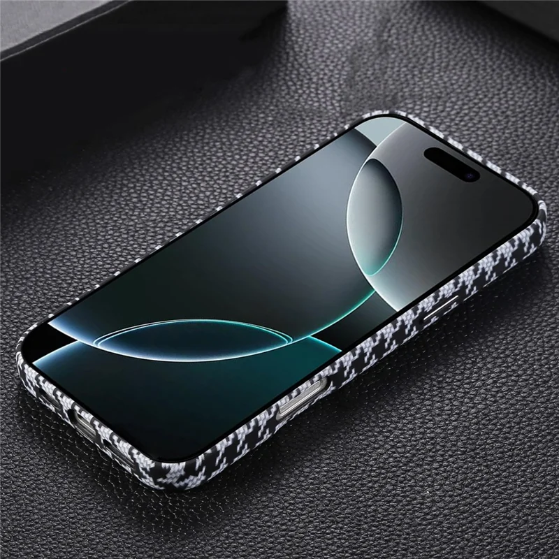 For iPhone 16 Pro Magnetic Case Houndstooth Pattern Leather + PC Phone Cover - White