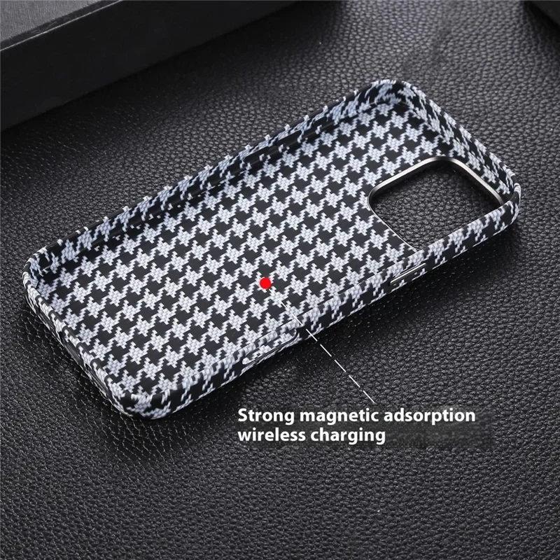 For iPhone 16 Pro Magnetic Case Houndstooth Pattern Leather + PC Phone Cover - White