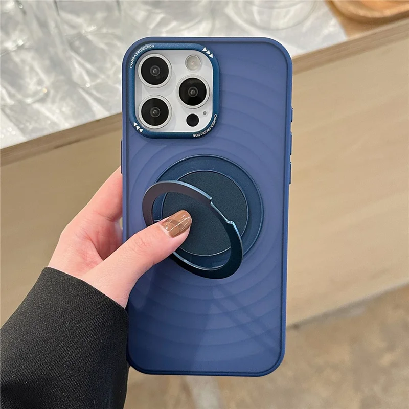 For iPhone 16 Pro Magnetic Case Rotating Kickstand Ripple Texture TPU + PC Phone Cover - Blue