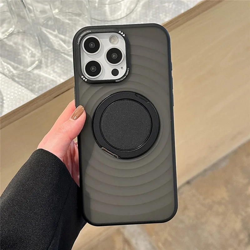 For iPhone 16 Pro Max Magnetic Case Rotating Kickstand Ripple Texture TPU + PC Phone Cover - Black