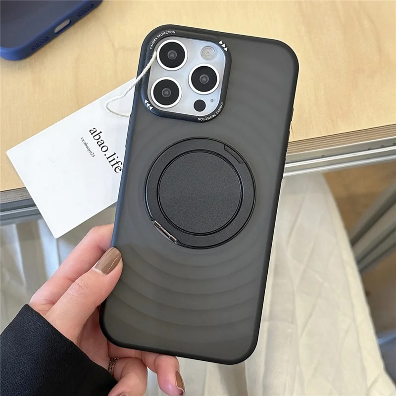 For iPhone 16 Pro Max Magnetic Case Rotating Kickstand Ripple Texture TPU + PC Phone Cover - Black