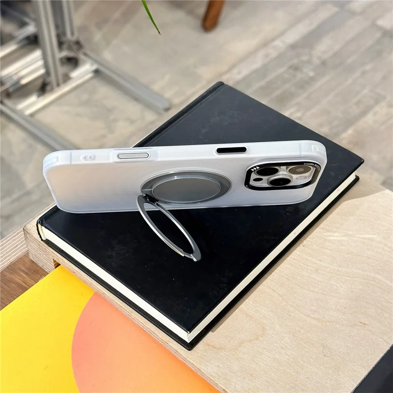 For iPhone 16 Pro Max Magnetic Case Rotating Kickstand Ripple Texture TPU + PC Phone Cover - Black