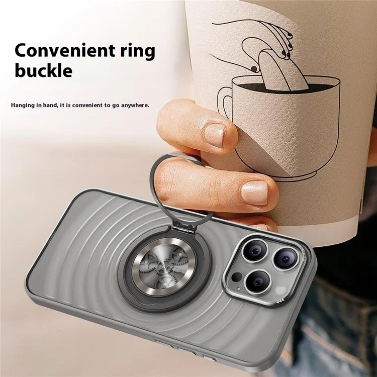 For iPhone 16 Pro Max Magnetic Case Gear Design Rotating Kickstand Ripple Texture TPU + PC Phone Cover - Grey