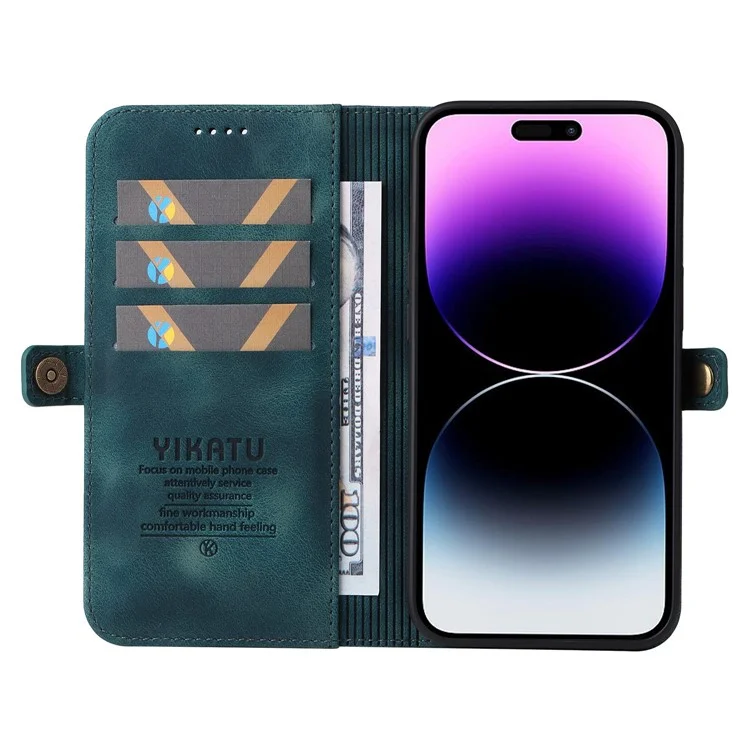 YIKATU YK-002 For iPhone 14 Pro Max Skin-touch Feeling Phone Case, Outer Card Slot Design Overall Coverage PU Leather Wallet Stand Shell - Blue