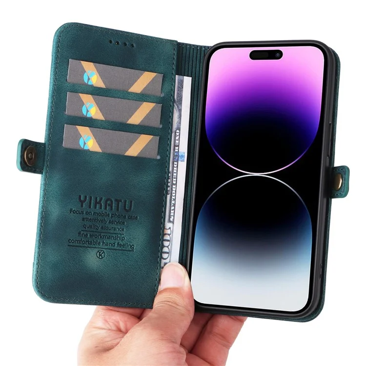 YIKATU YK-002 For iPhone 14 Pro Max Skin-touch Feeling Phone Case, Outer Card Slot Design Overall Coverage PU Leather Wallet Stand Shell - Blue