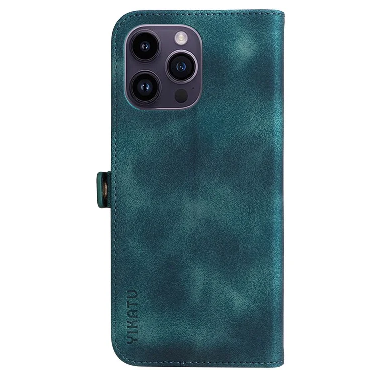 YIKATU YK-002 For iPhone 14 Pro Max Skin-touch Feeling Phone Case, Outer Card Slot Design Overall Coverage PU Leather Wallet Stand Shell - Blue