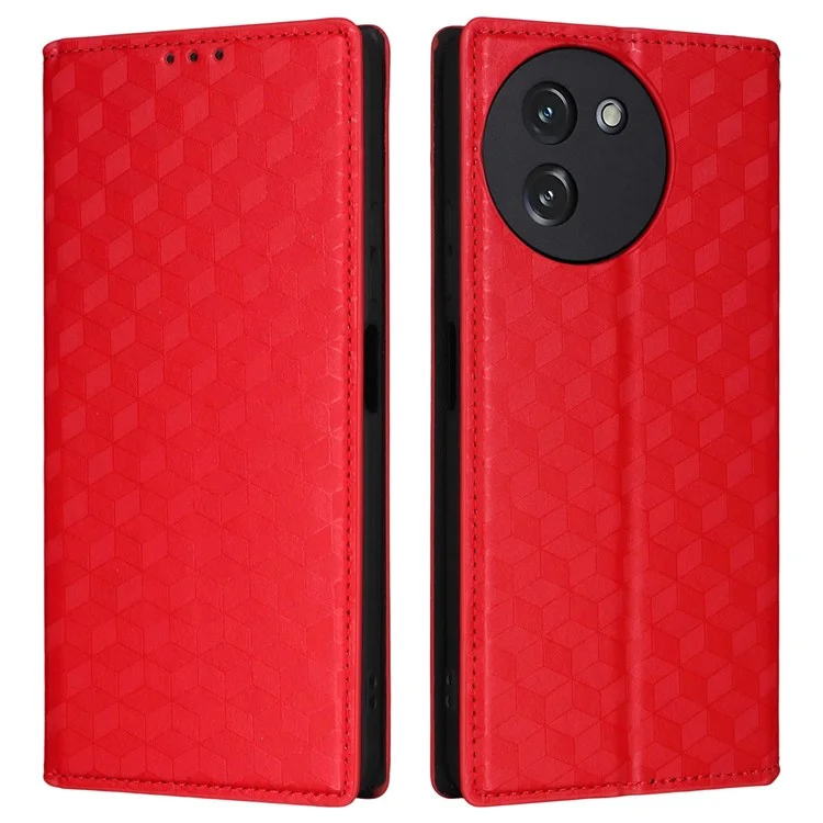 Cover a portafoglio con rombi stampati in pelle per Doogee Note 59 / Note 59 Pro - Rosso