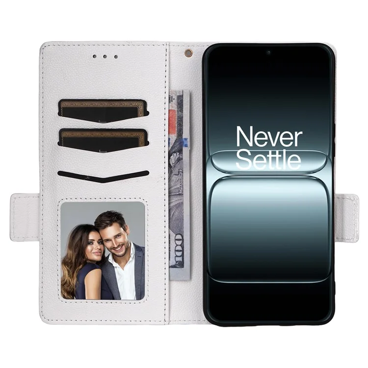 For OnePlus 13T 5G Case with Wrist Strap Litchi Texture PU Leather Wallet Phone Cover - White