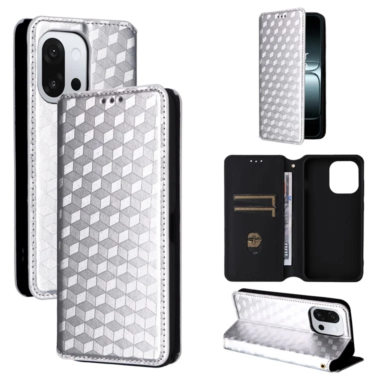 For OnePlus 13T 5G Case Wallet Rhombus Imprinted Leather Phone Cover - Silver