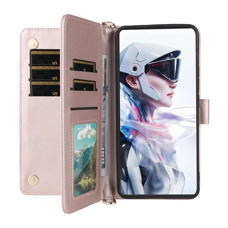 For ZTE nubia Redmagic 10 Air 5G Case with Shoulder / Wrist Strap Leather Phone Cover Stand Wallet - Pink