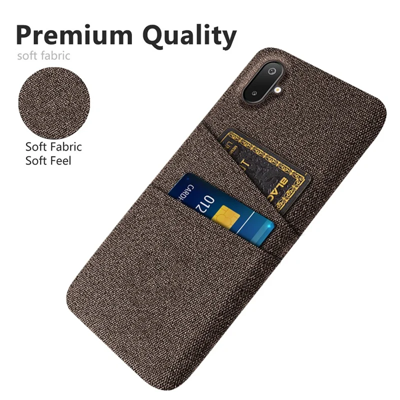 For Samsung Galaxy A06 5G / M06 5G Case Cloth + Hard PC Phone Cover with Dual Card Slots - Brown
