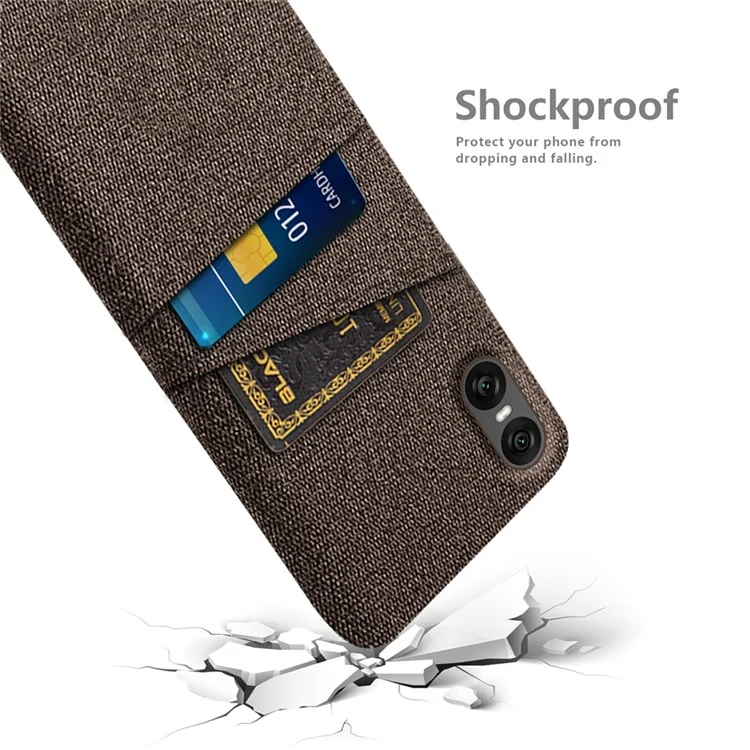 For Sony Xperia 10 VII Case Cloth + Hard PC Phone Cover with Dual Card Slots - Brown