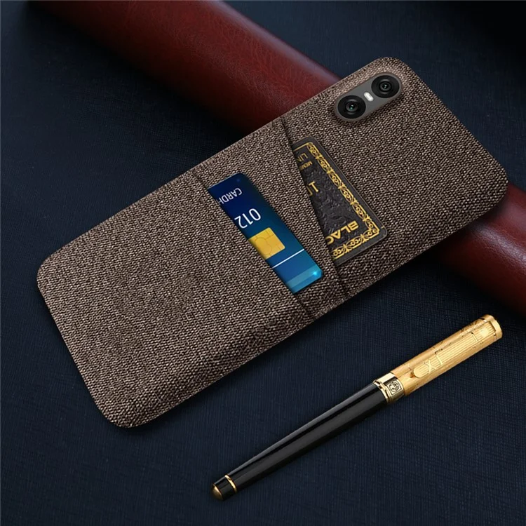 For Sony Xperia 10 VII Case Cloth + Hard PC Phone Cover with Dual Card Slots - Brown