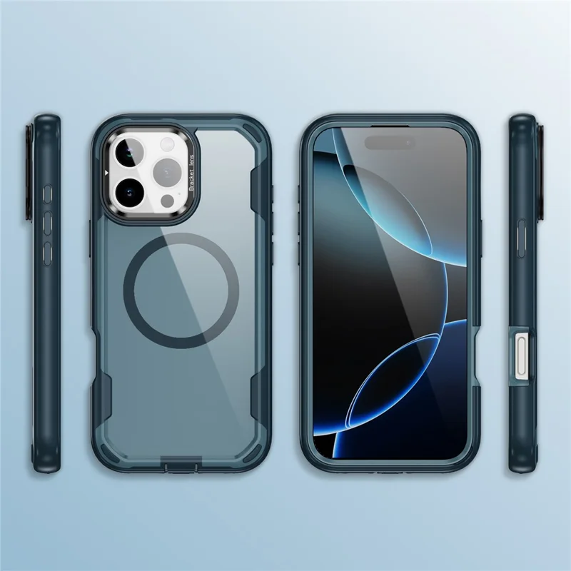 For iPhone 16 Pro Max Case Compatible with MagSafe Lens Frame Kickstand TPU + PC Shockproof Phone Cover - Sapphire + Blue