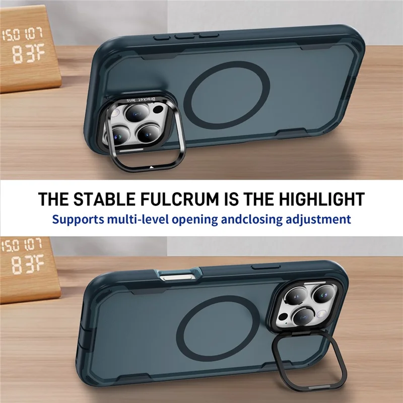 For iPhone 16 Pro Max Case Compatible with MagSafe Lens Frame Kickstand TPU + PC Shockproof Phone Cover - Sapphire + Blue