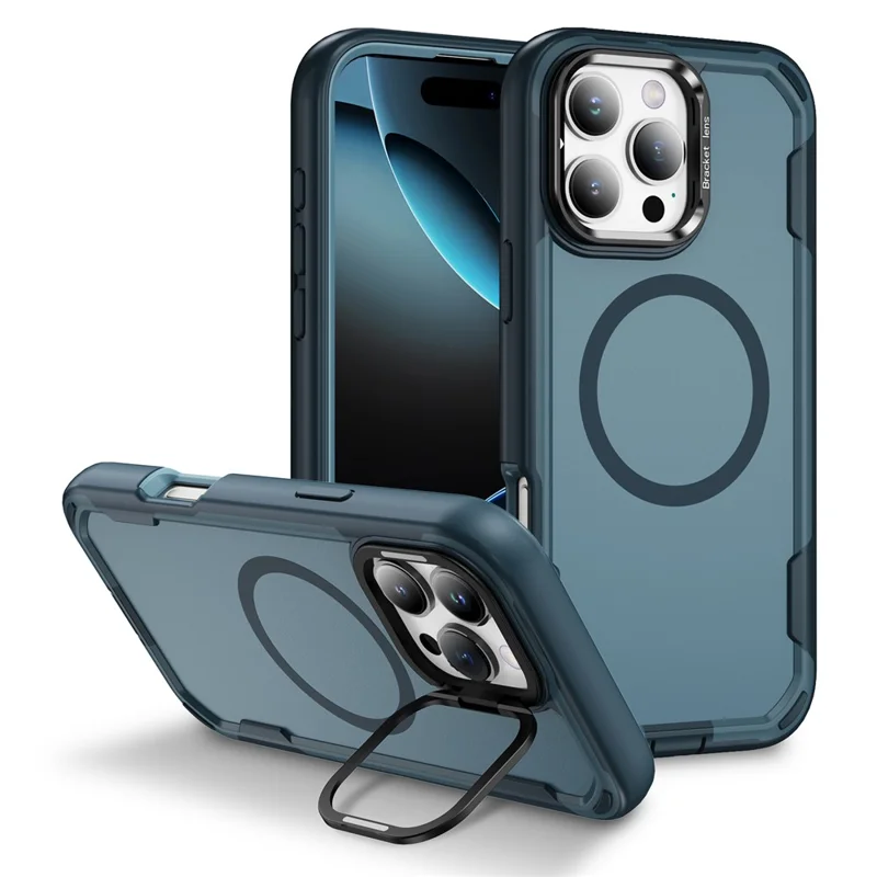For iPhone 16 Pro Case Compatible with MagSafe Lens Frame Kickstand TPU + PC Shockproof Phone Cover - Sapphire + Blue