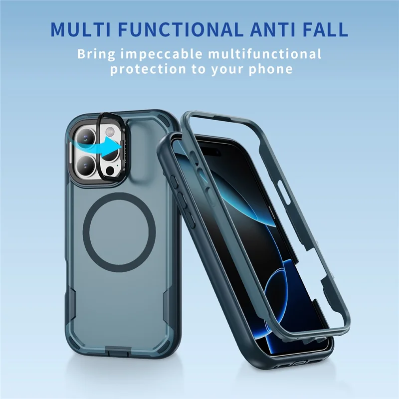 For iPhone 16 Pro Case Compatible with MagSafe Lens Frame Kickstand TPU + PC Shockproof Phone Cover - Sapphire + Blue