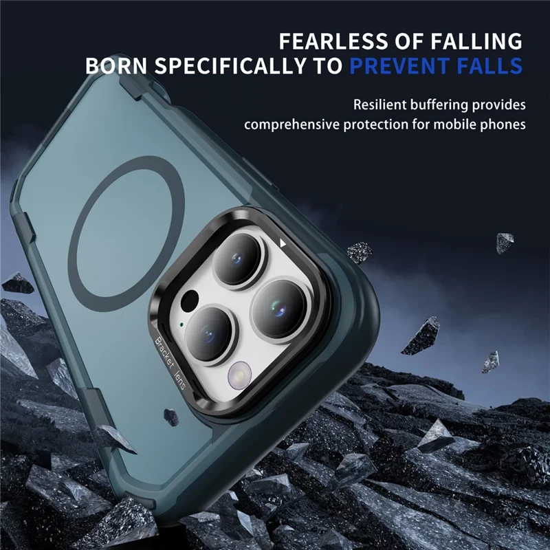 For iPhone 16 Pro Case Compatible with MagSafe Lens Frame Kickstand TPU + PC Shockproof Phone Cover - Sapphire + Blue