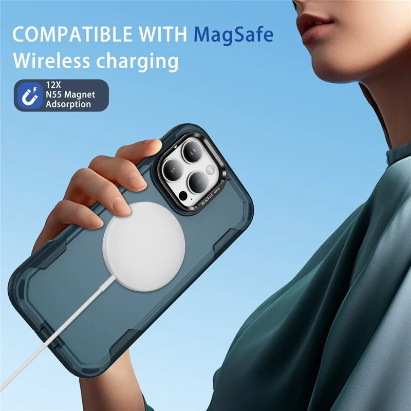 For iPhone 16 Pro Case Compatible with MagSafe Lens Frame Kickstand TPU + PC Shockproof Phone Cover - Sapphire + Blue