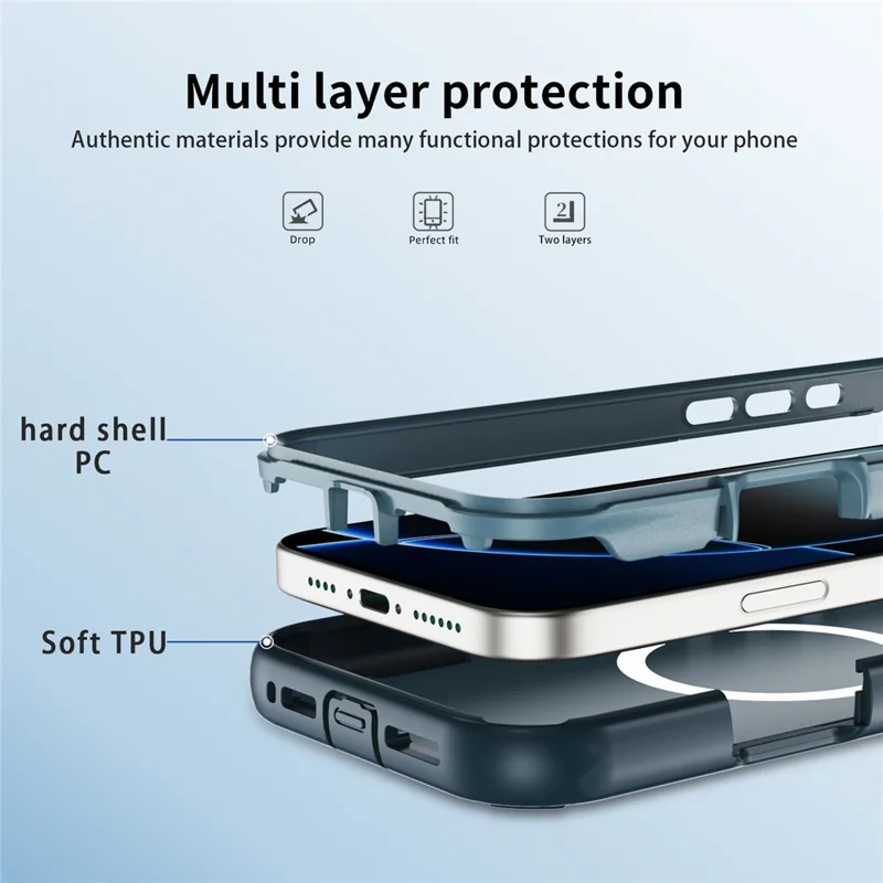 For iPhone 16 Pro Case Compatible with MagSafe Lens Frame Kickstand TPU + PC Shockproof Phone Cover - Sapphire + Blue