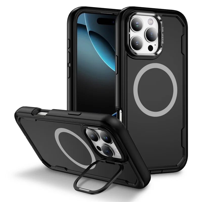 For iPhone 16 Pro Case Compatible with MagSafe Lens Frame Kickstand TPU + PC Shockproof Phone Cover - Black + Black